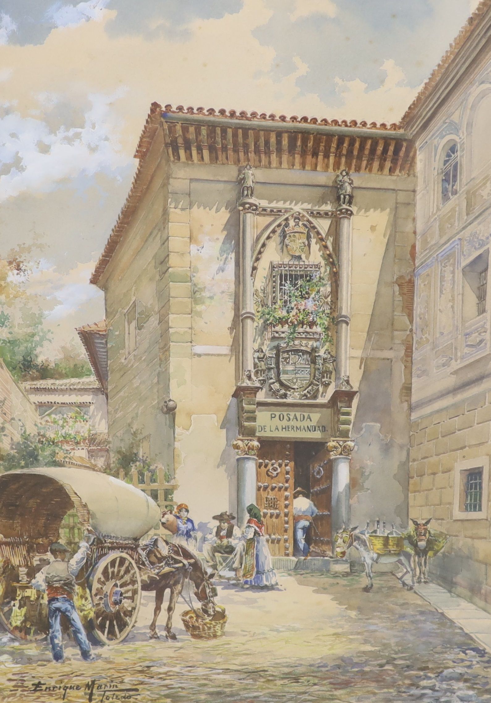 Enrique Marin (1876-1940), watercolour, Posada de la Hermandad, Toledo, Spain, signed, 46 x 30cm